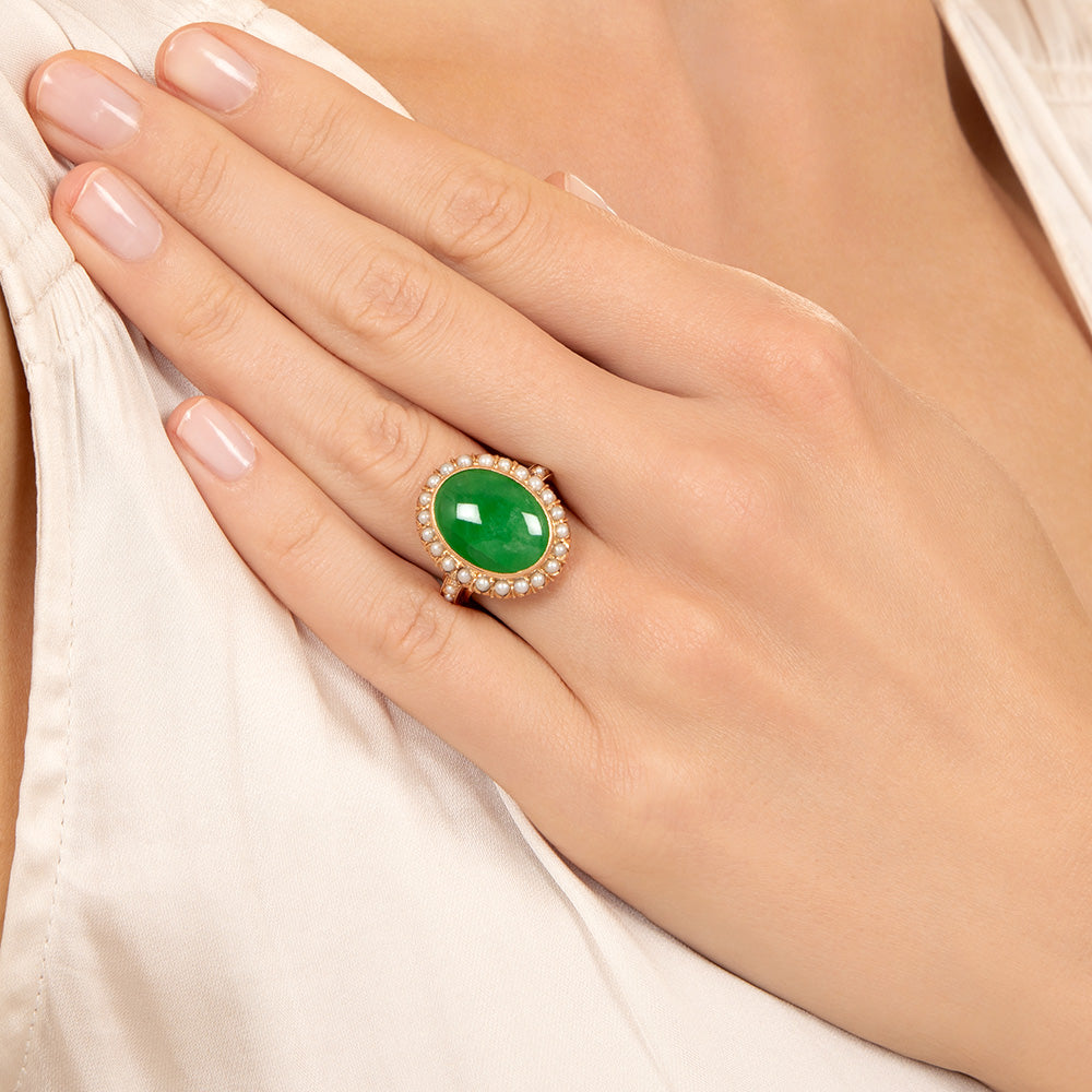 Estate Natural Burmese Jade and Pearl Halo Ring - 5