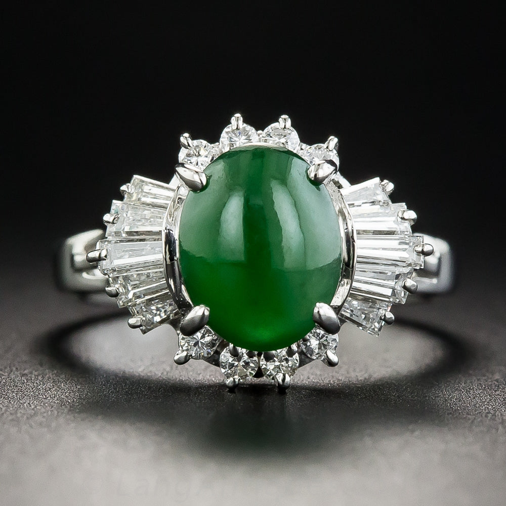 Estate Natural Burmese .50 Carat Jade Cabochon and Diamond Ring  - 1