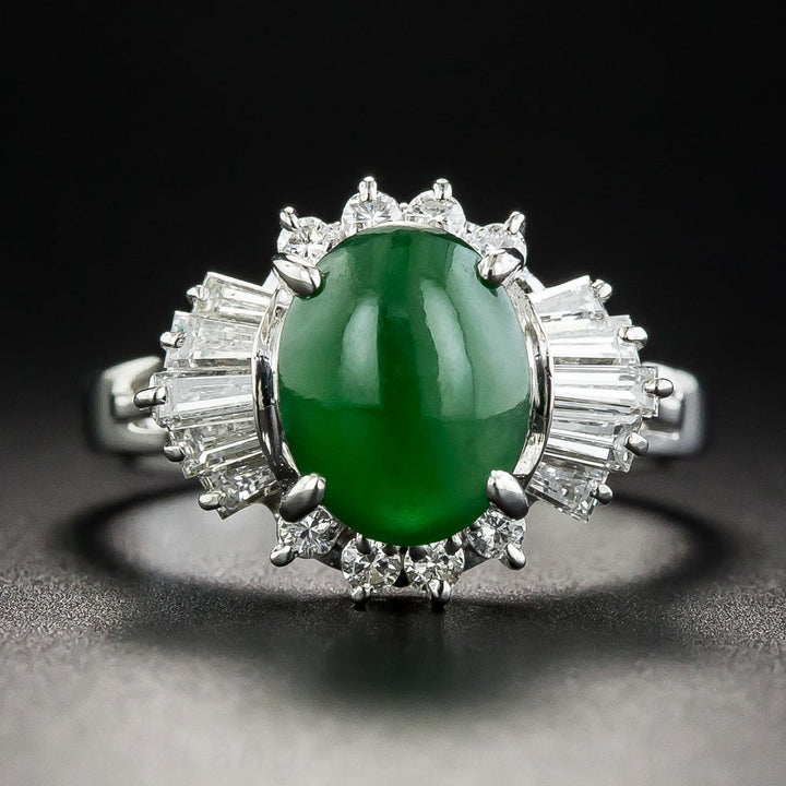 Estate Natural Burmese Jade Cabochon and Diamond Ring