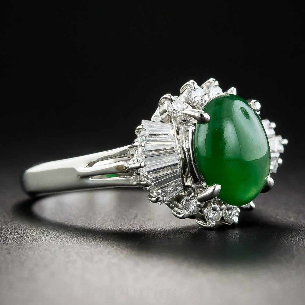 Estate Natural Burmese Jade Cabochon and Diamond Ring  - 3