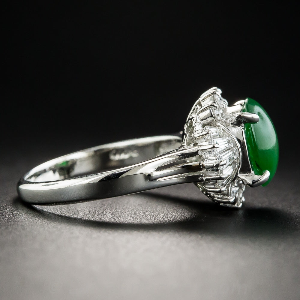 Estate Natural Burmese Jade Cabochon and Diamond Ring  - 4