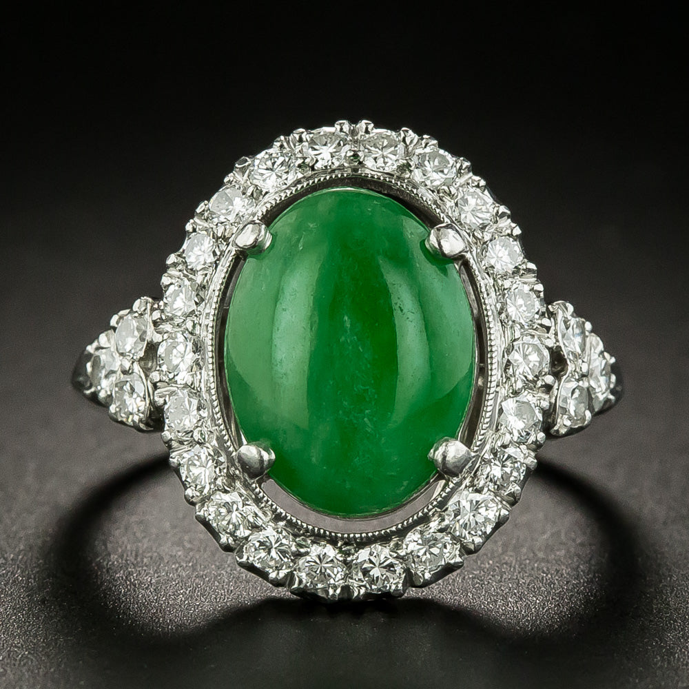 Estate Natural Jade and Diamond Halo Ring - 2