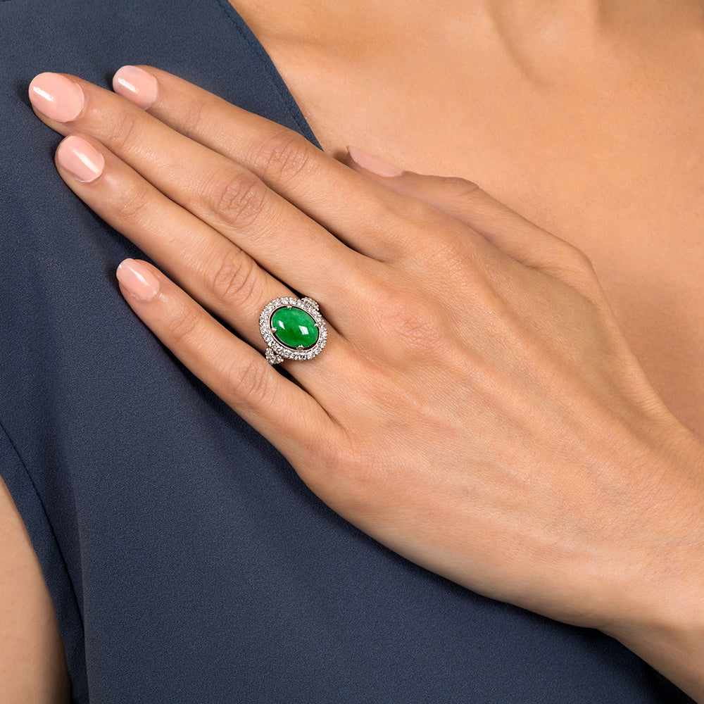 Estate Natural Jade and Diamond Halo Ring - 5