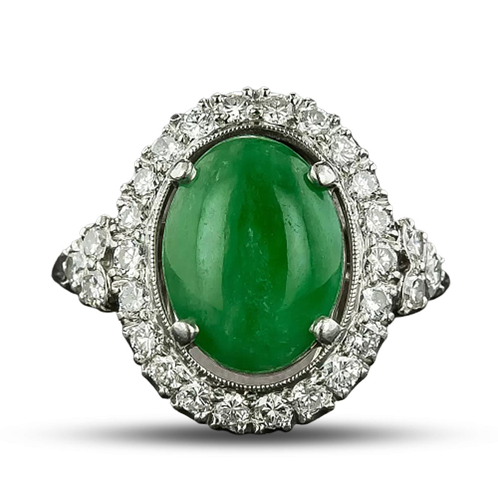 Estate Natural Jade and Diamond Halo Ring - 4