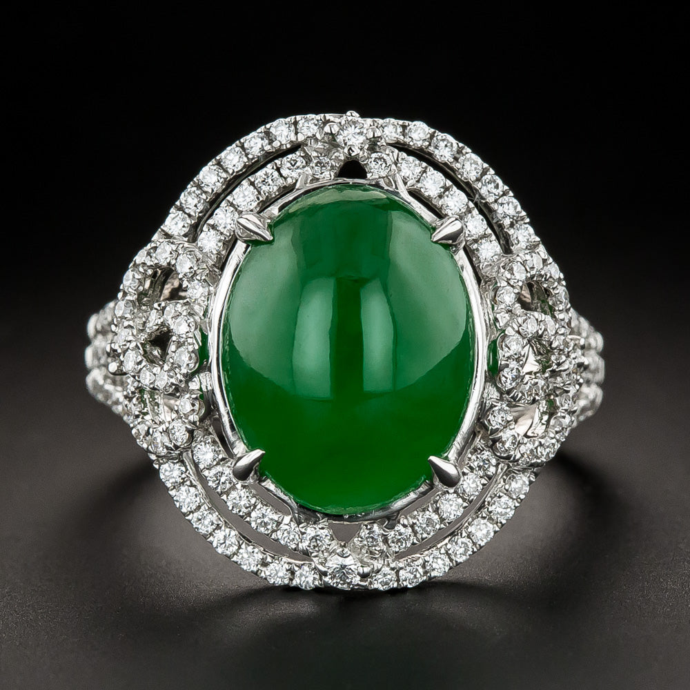 Estate Natural Jade and Diamond Ring - 3