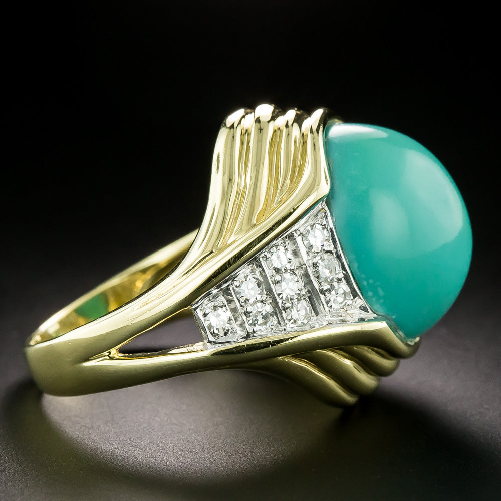 Estate Natural Turquoise and Diamond Ring - 4
