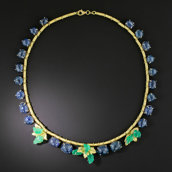 No-Heat Cabochon Sapphire And Carved Emerald Fringe Necklace