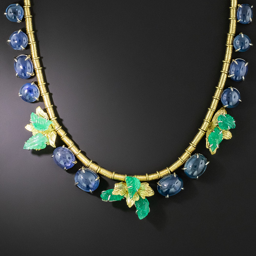 No-Heat Cabochon Sapphire And Carved Emerald Fringe Necklace - 3