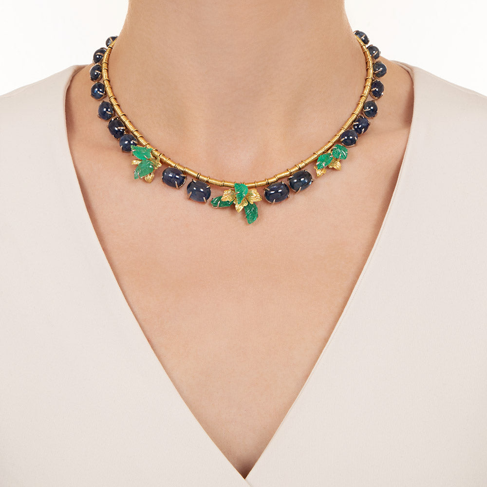 No-Heat Cabochon Sapphire And Carved Emerald Fringe Necklace - 4