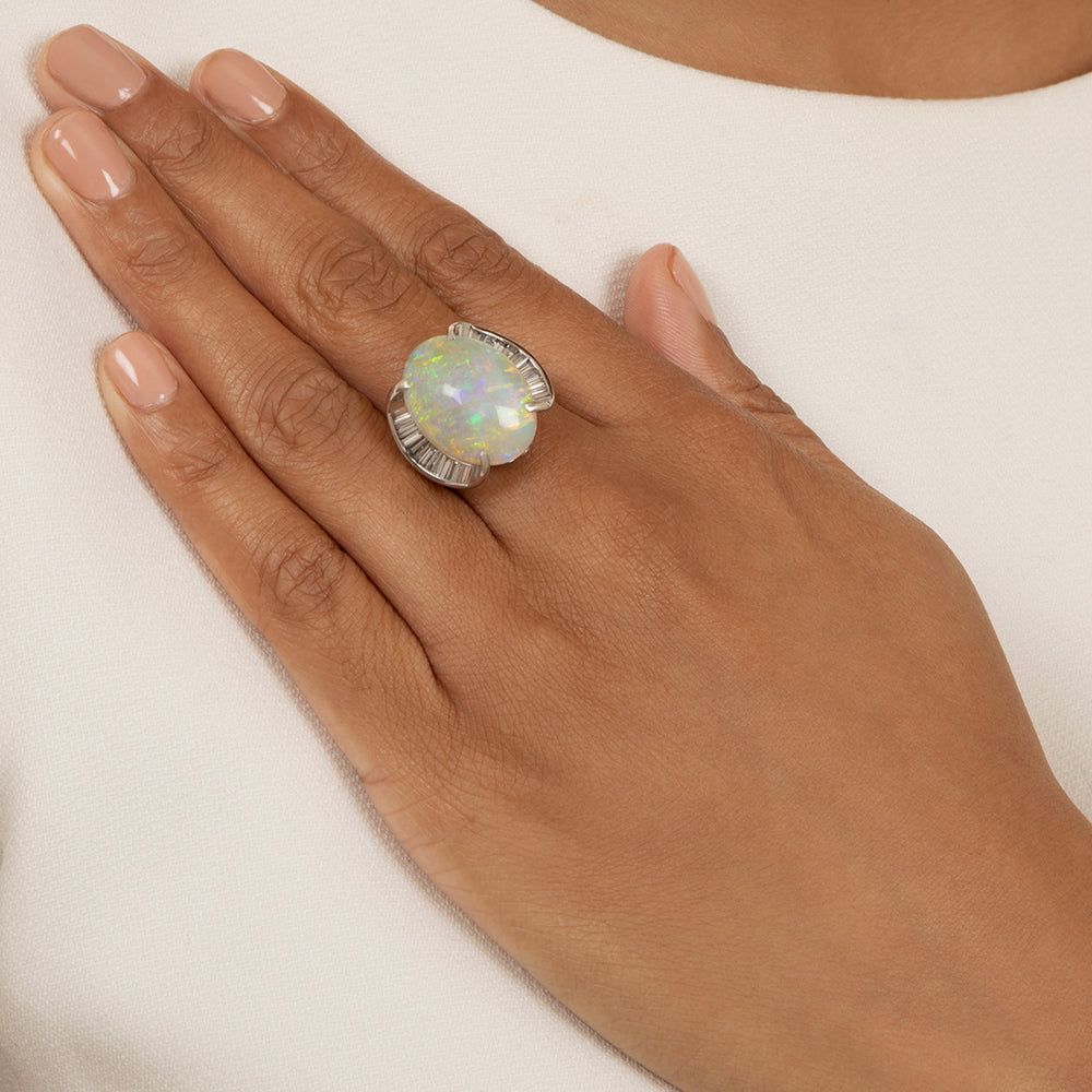 Estate Opal and Baguette Diamond Ring - 5