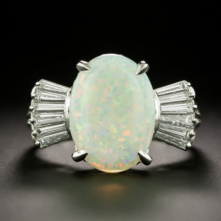 Estate Opal and Baguette Diamond Ring