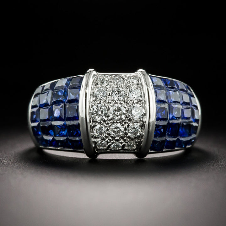 Estate Pavé Diamond and Invisibly Set Sapphire Band Ring, Size 7