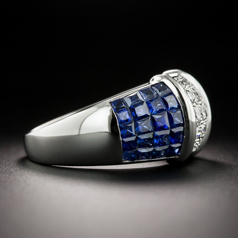 Estate Pavé Diamond and Invisibly Set Sapphire Band Ring, Size 7 - 3