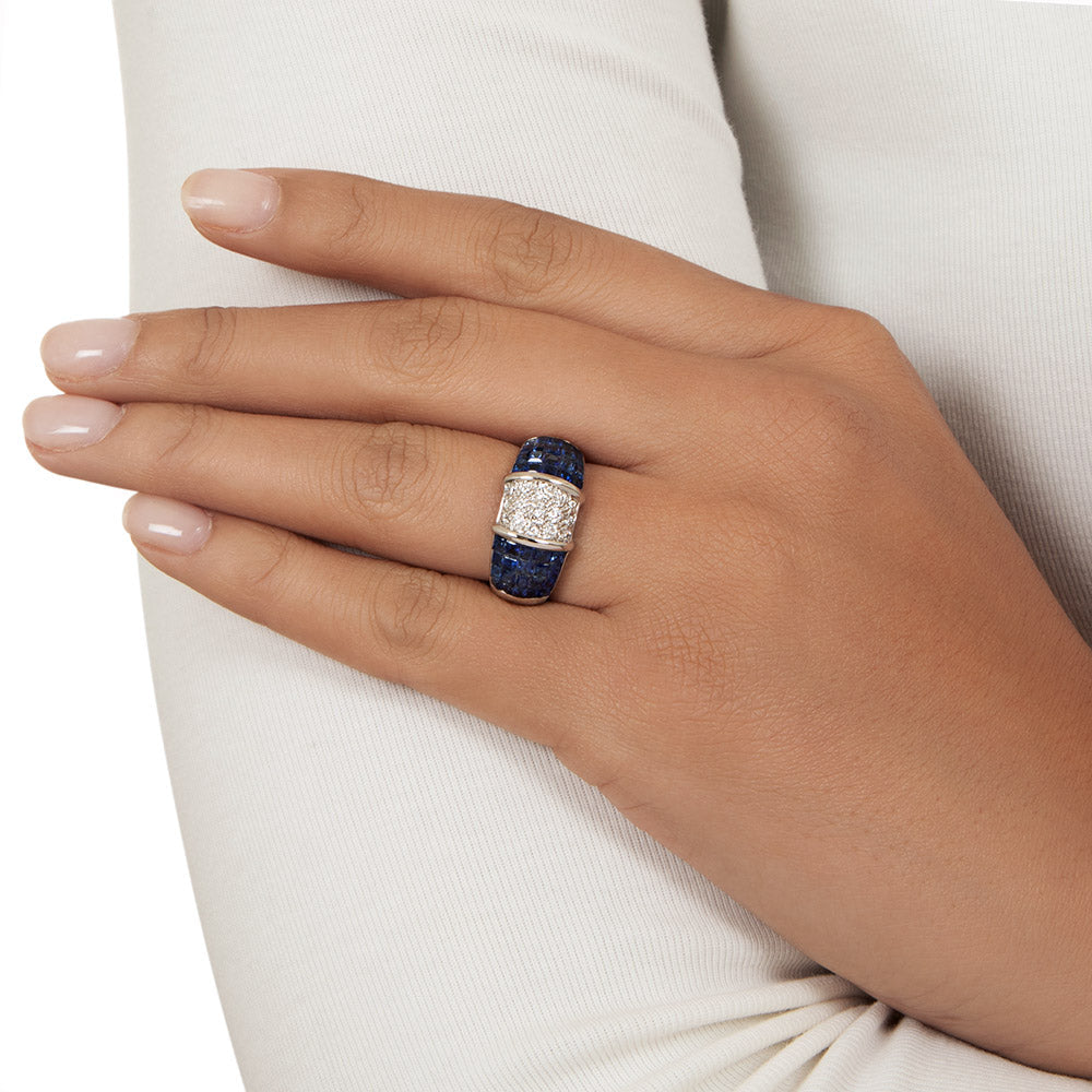 Estate Pavé Diamond and Invisibly Set Sapphire Band Ring, Size 7 - 5