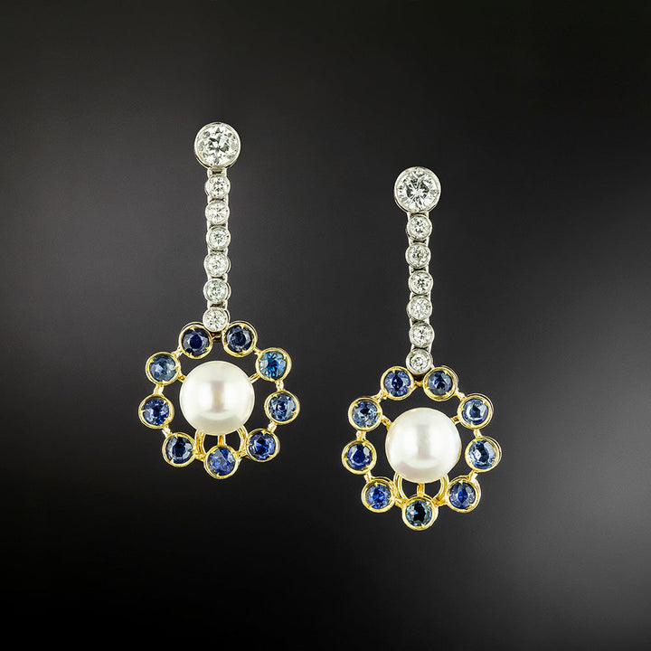 Estate Pearl, Diamond and Sapphire Drop Earrings