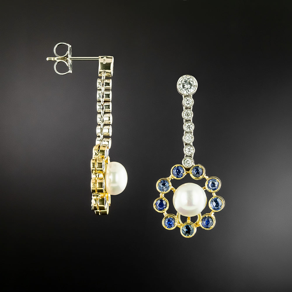 Estate Pearl, Diamond and Sapphire Drop Earrings - 3