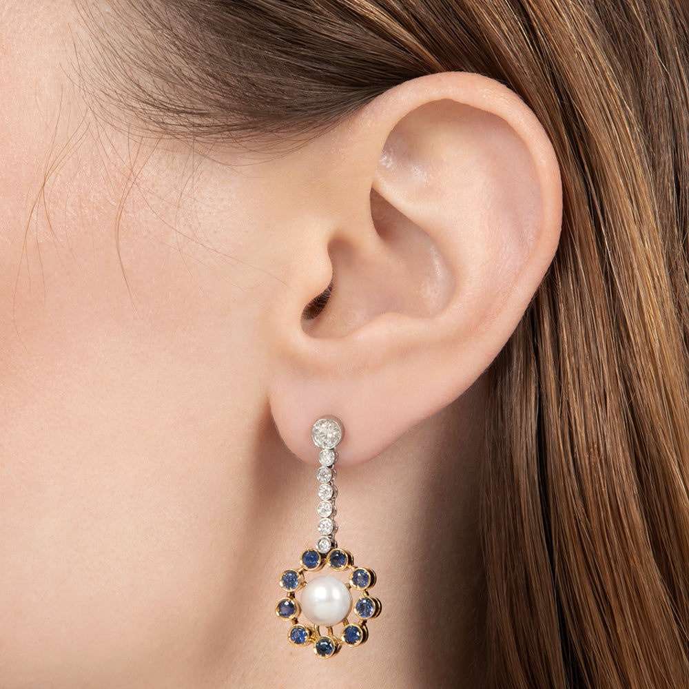 Estate Pearl, Diamond and Sapphire Drop Earrings - 4