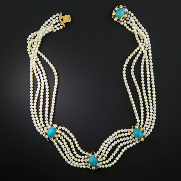 Estate Pearl, Turquoise, Diamond, and Sapphire Choker Necklace