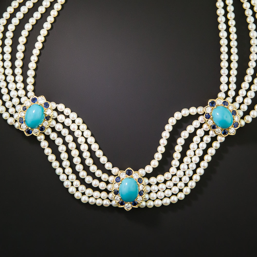 Estate Pearl, Turquoise, Diamond, and Sapphire Choker Necklace - 3