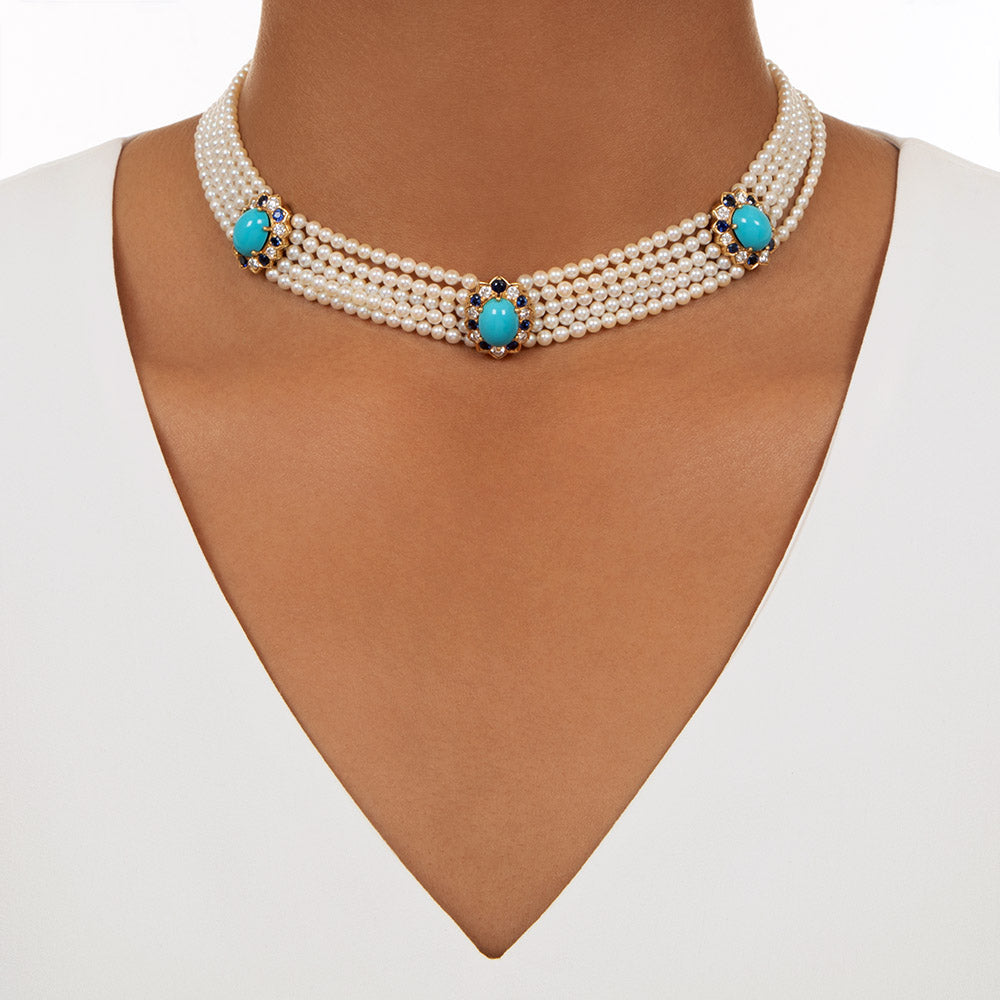 Estate Pearl, Turquoise, Diamond, and Sapphire Choker Necklace - 4