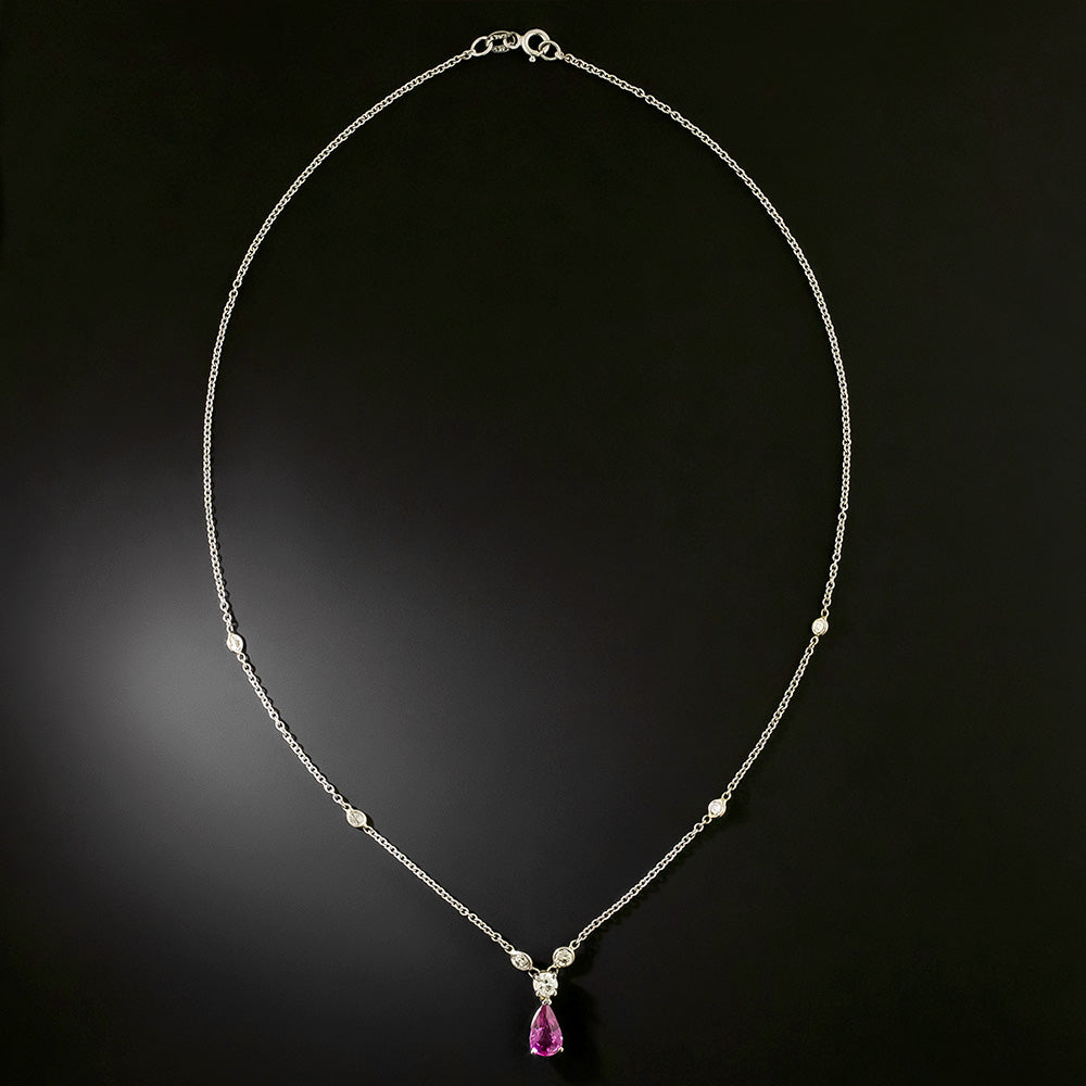 Estate Pink Sapphire and Diamond Drop Necklace - 2