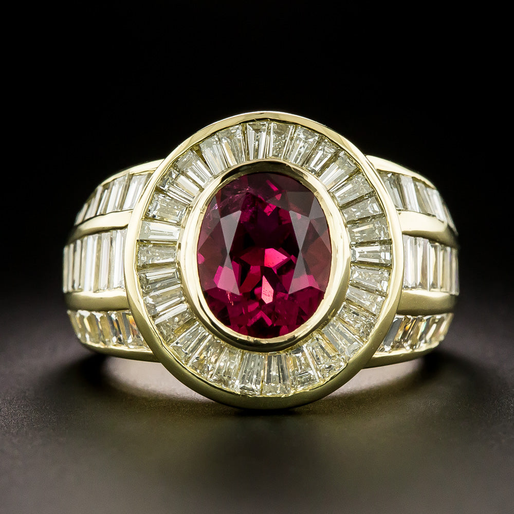Estate Rubellite Tourmaline and Baguette Diamond Ring - 2