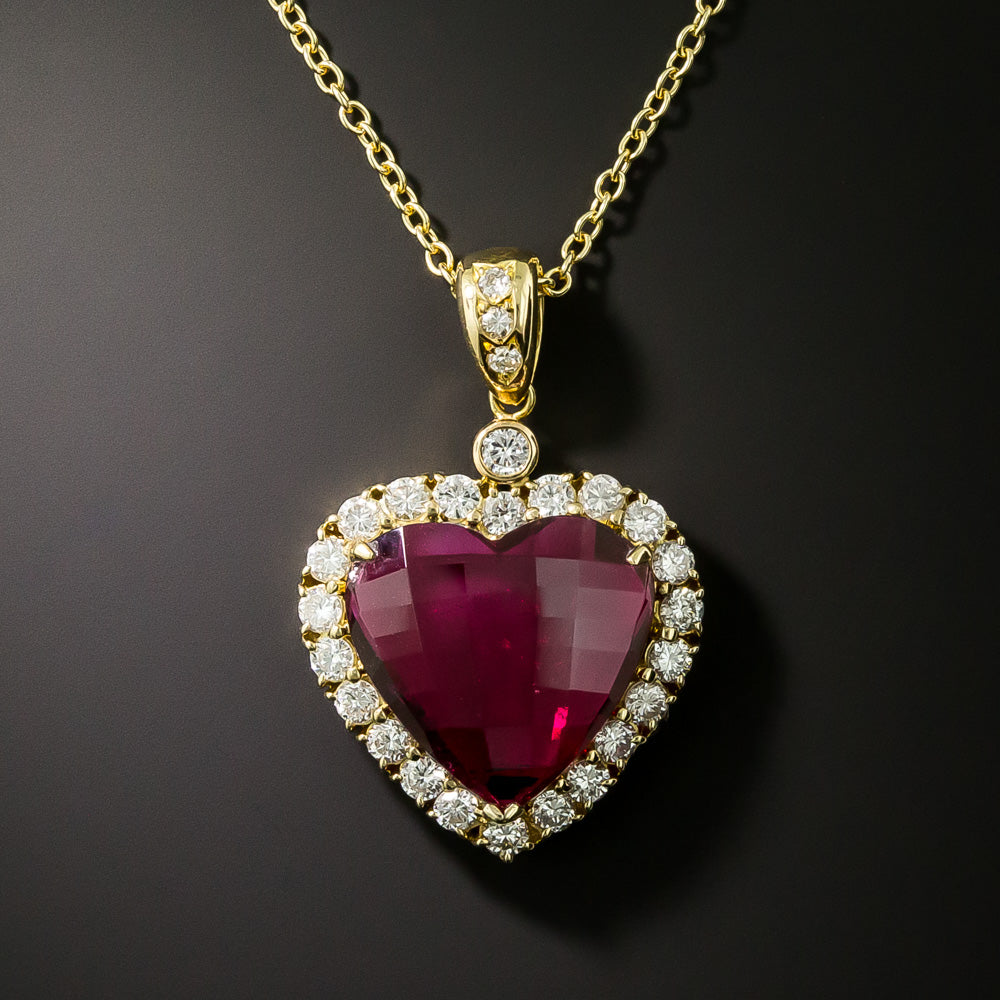 Estate Rubellite Tourmaline and Diamond Heart 18K Necklace - 2