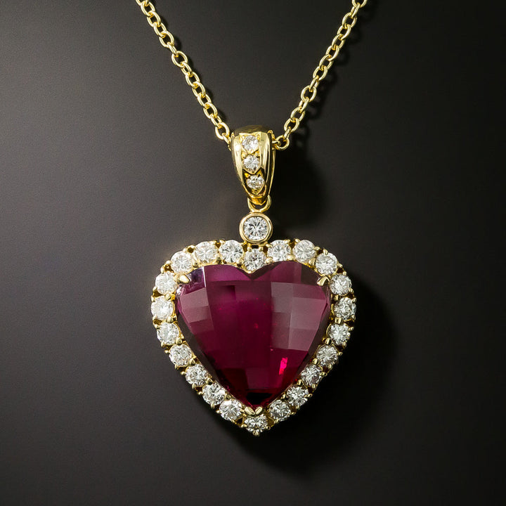 Estate Rubellite Tourmaline and Diamond Heart 18K Necklace