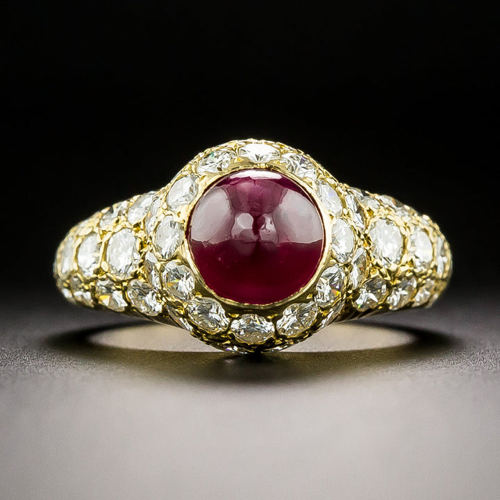 Estate Ruby Cabochon and Diamond 18K Ring