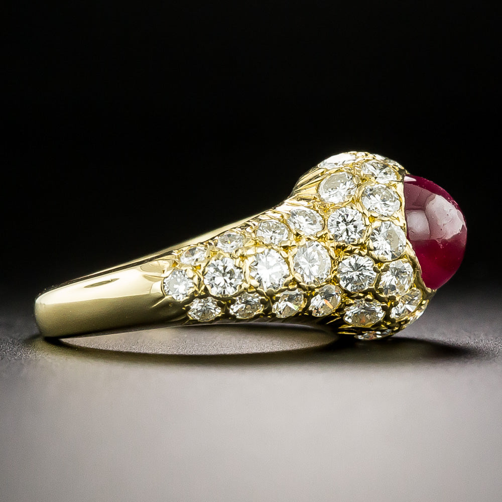 Estate Ruby Cabochon and Diamond 18K Ring - 4