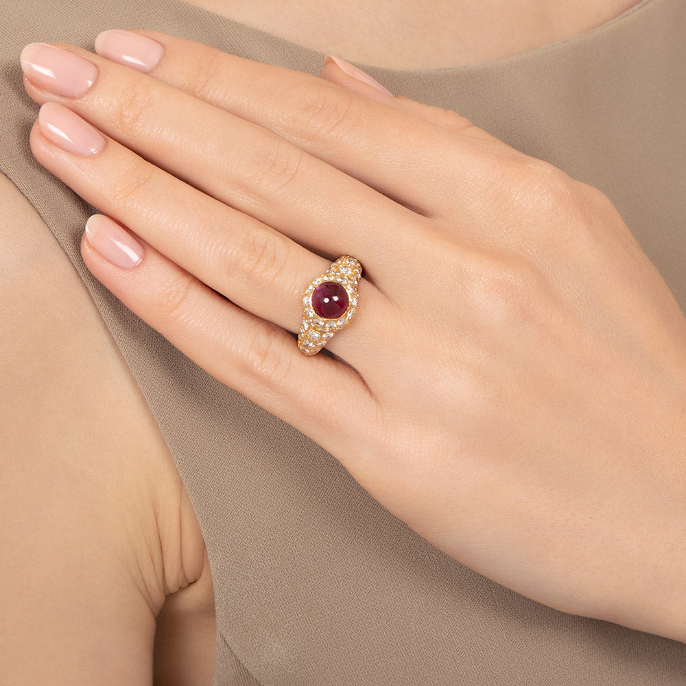 Estate Ruby Cabochon and Diamond 18K Ring - 6