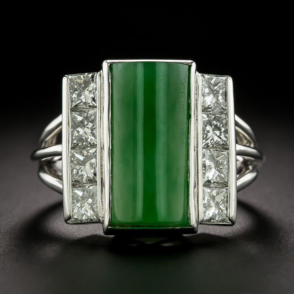 Estate Saddle Jade and Diamond Ring - 2