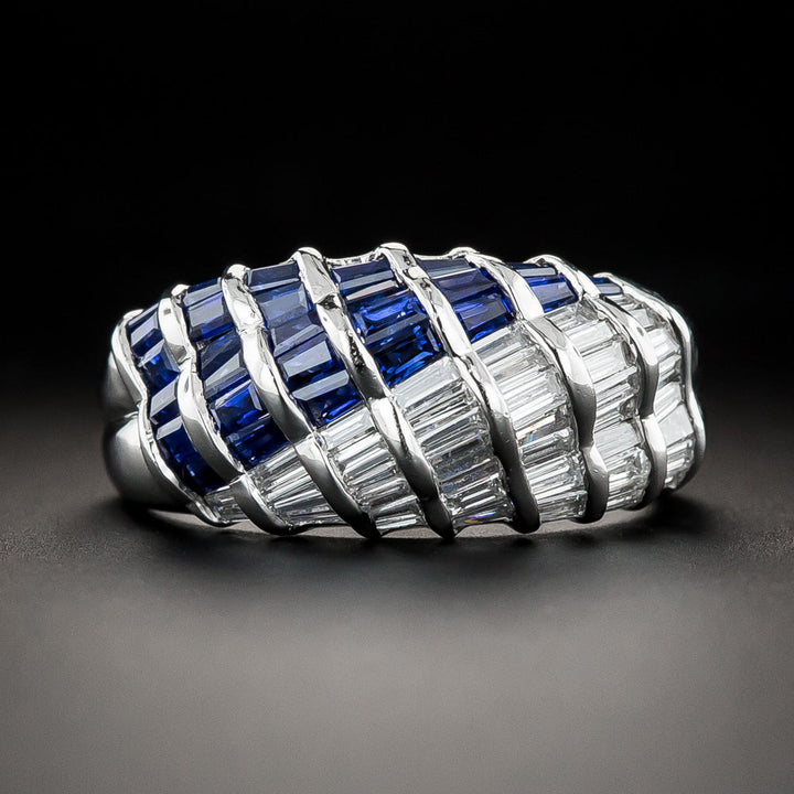 Estate Sapphire and Diamond Baguette Wave Ring