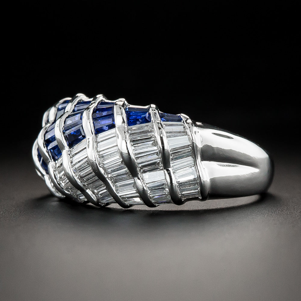 Estate Sapphire and Diamond Baguette Wave Ring - 5