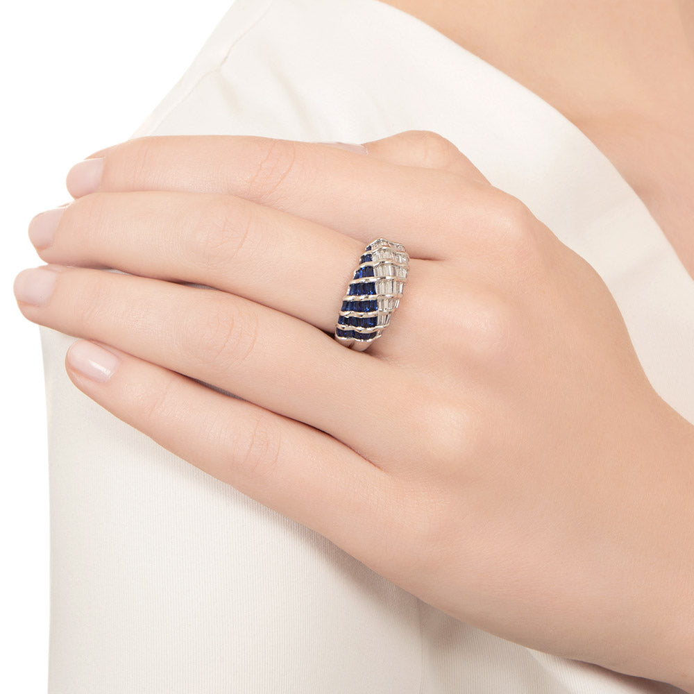 Estate Sapphire and Diamond Baguette Wave Ring - 7