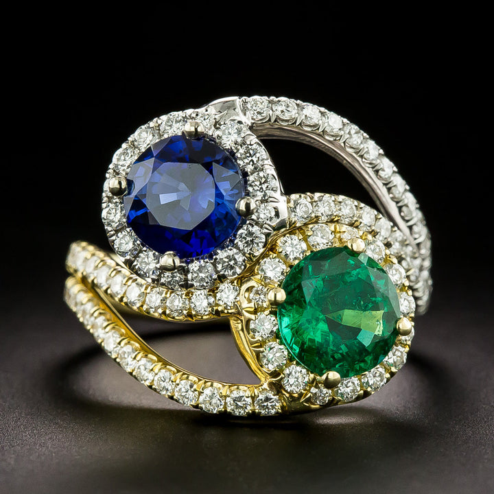 Estate Sapphire and Emerald Bypass Ring - GIA