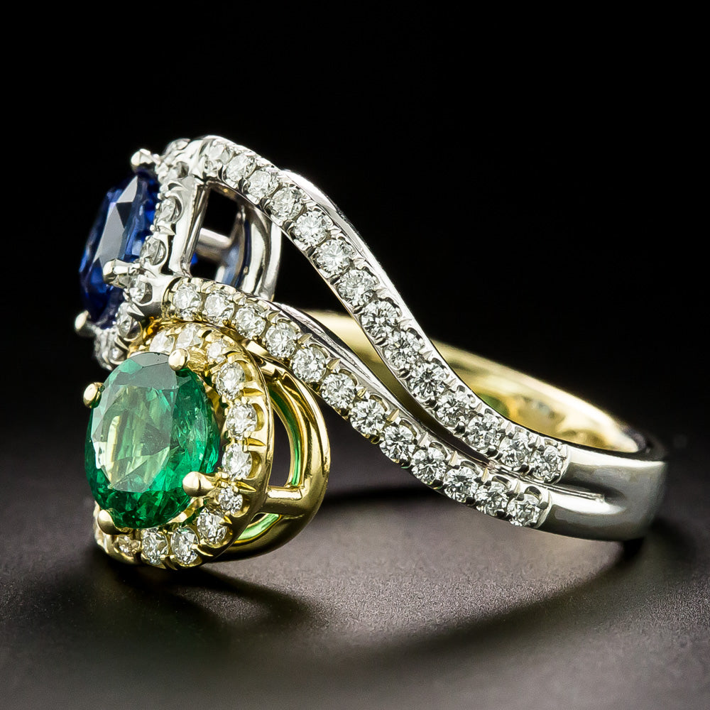 Estate Sapphire and Emerald Bypass Ring - GIA - 4