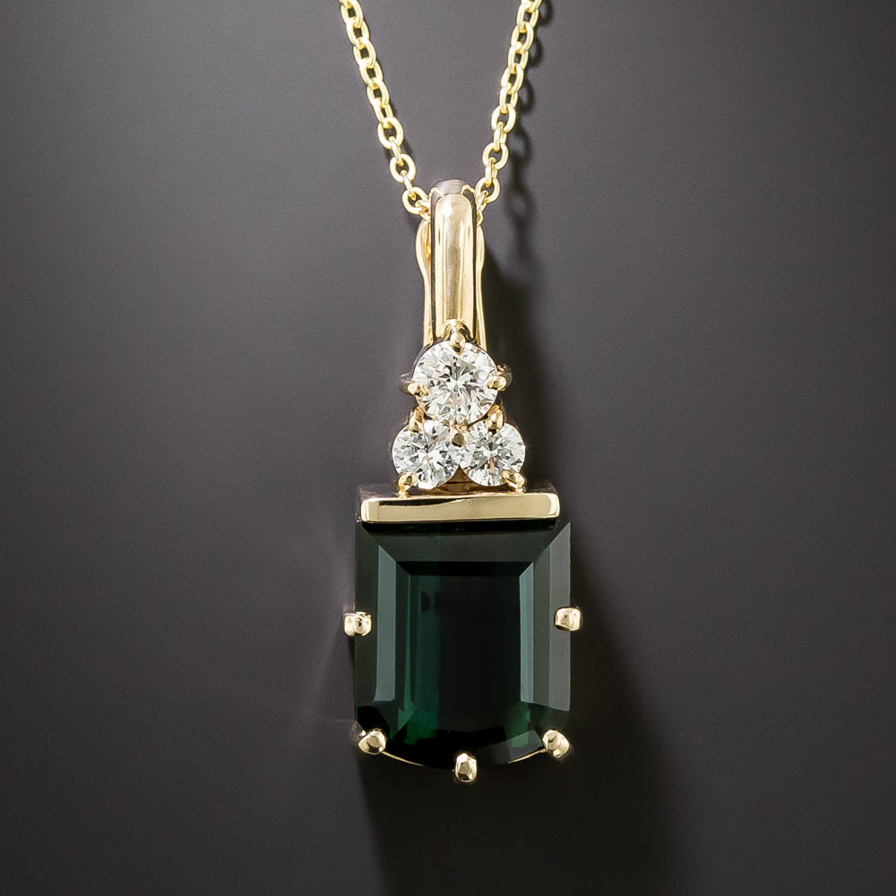 Estate Shield Shaped Green Tourmaline and Diamond Pendant  - 3