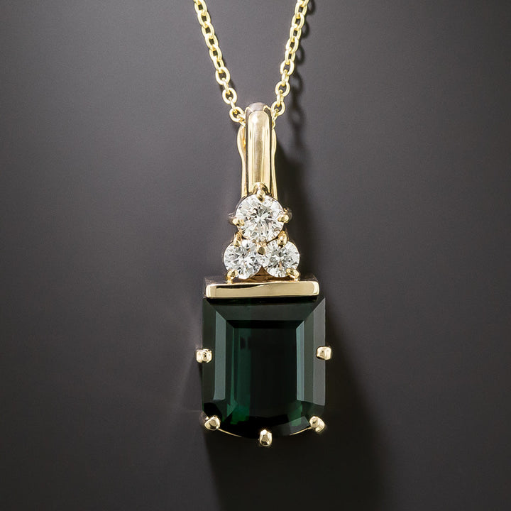 Estate Shield Shaped Green Tourmaline and Diamond Pendant