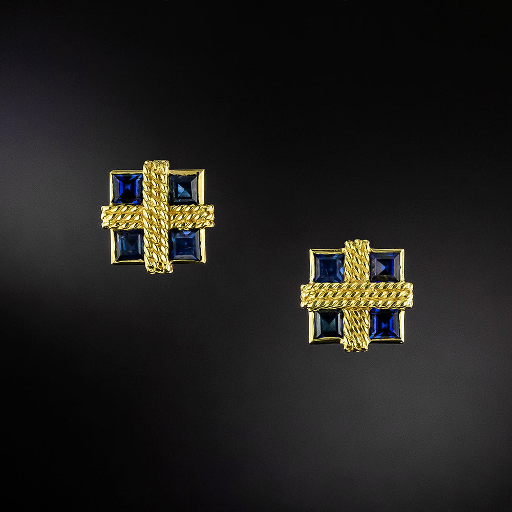 Estate Square Sapphires Earrings - 2