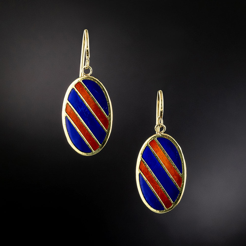 Estate Striped Enamel Earrings - 2