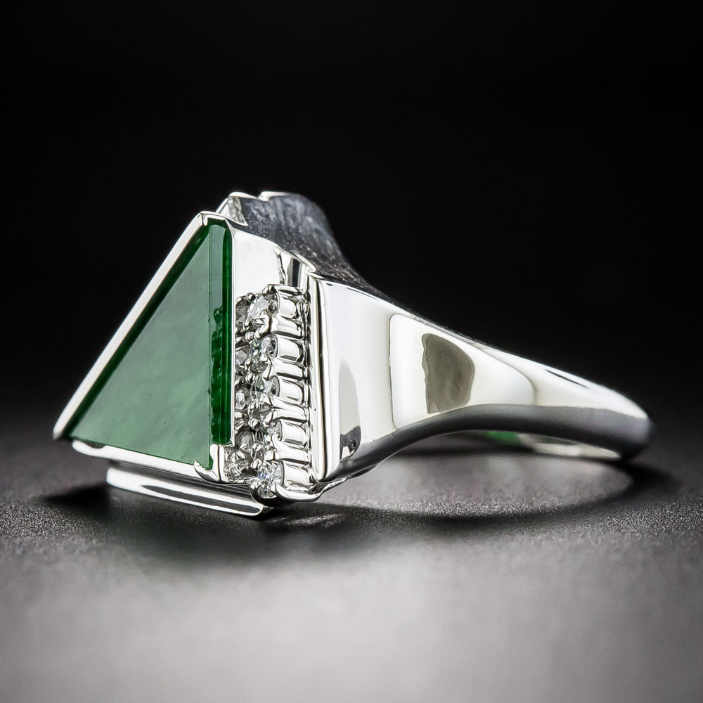 Estate Triangular Natural Jade and Diamond Ring - 3