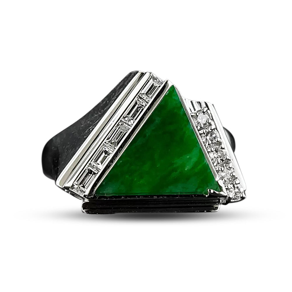 Estate Triangular Natural Jade and Diamond Ring - 6