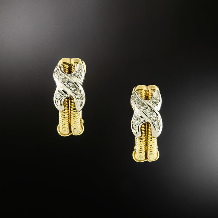 Estate Two-Tone Gold Diamond 'X' Huggie Earrings