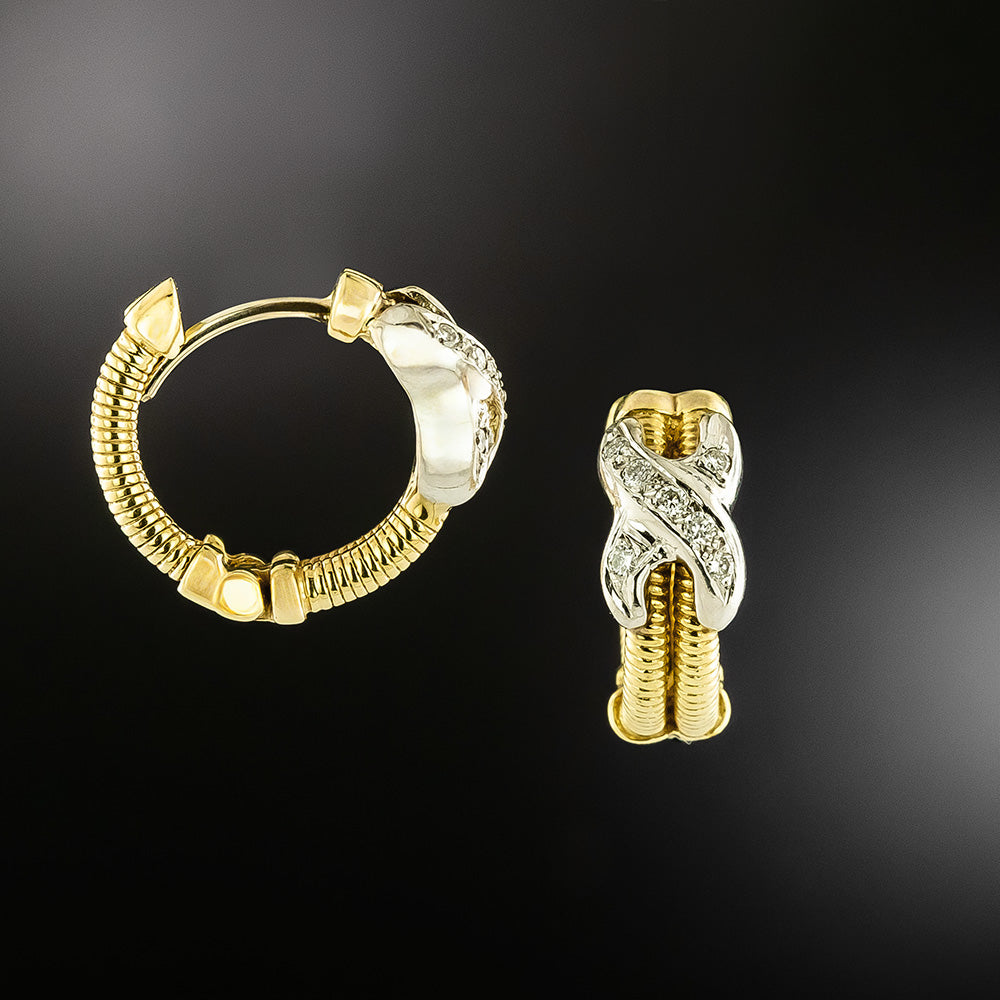 Estate Two-Tone Gold Diamond 'X' Huggie Earrings - 3