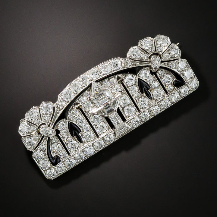 Exceptional Art Deco Platinum Diamond Onyx Brooch
