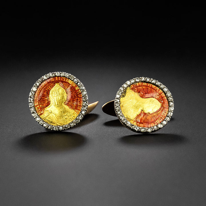 Faberge Russian Enamel Gold Coin and Diamond Cufflinks