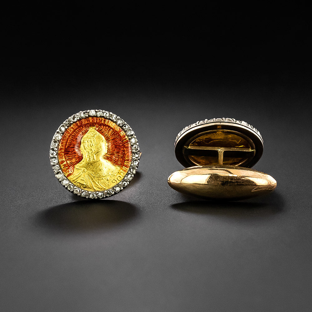 Faberge Russian Enamel Gold Coin and Diamond Cufflinks - 3