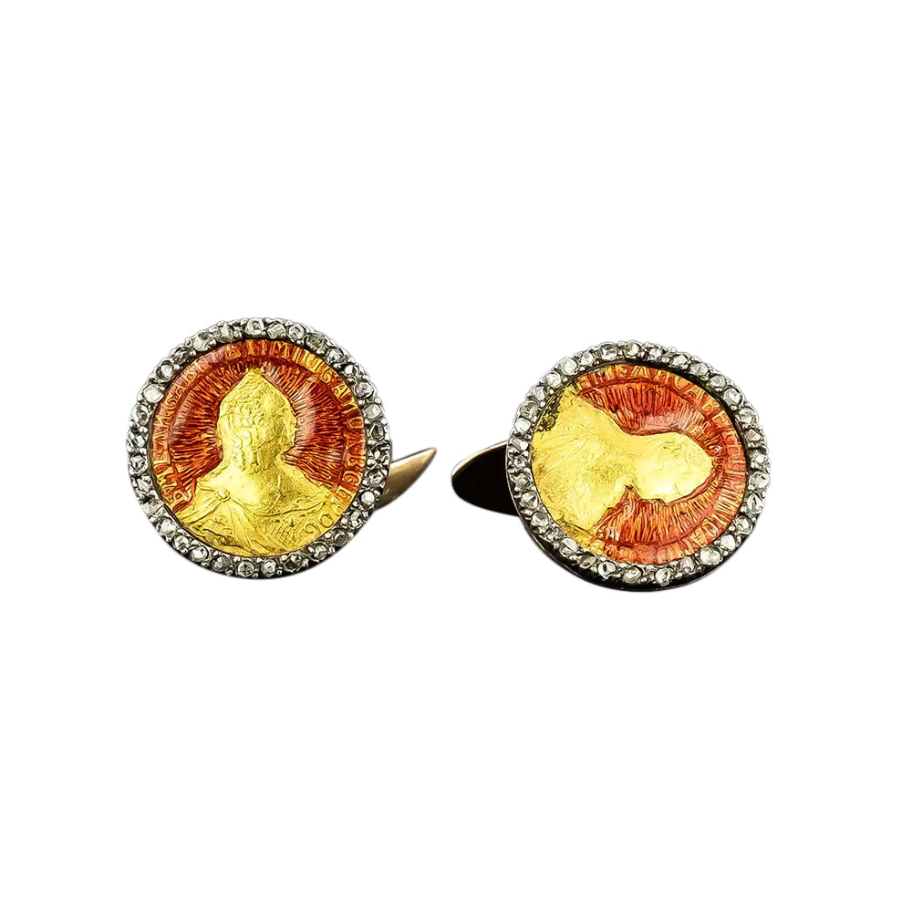 Faberge Russian Enamel Gold Coin and Diamond Cufflinks - 5