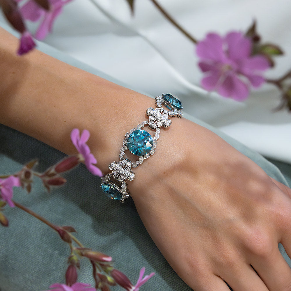 Fabulous Art Deco Blue Zircon and Diamond Bracelet - 4